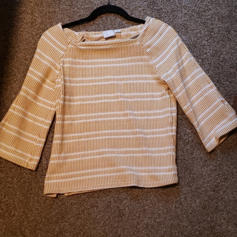 Anthropologie Mustard Stripe 3/4 Bell Sleeve Blous